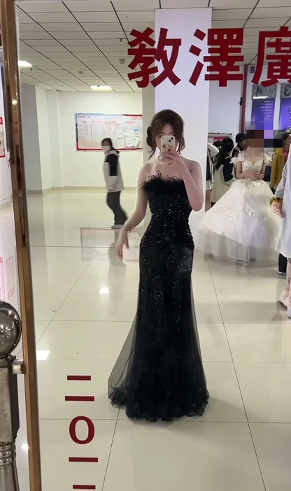 Hermoso vestido de fiesta largo de sirena negro sin tirantes de tul con lentejuelas, vestido de fiesta, vestido de noche GG2589