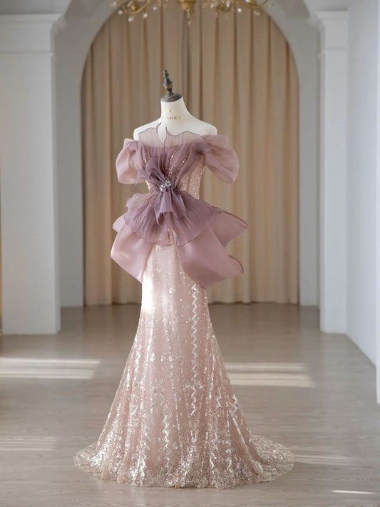 Elegante vestido de fiesta largo de tul con lentejuelas y hombros descubiertos, corte en A, vestidos de noche GG260