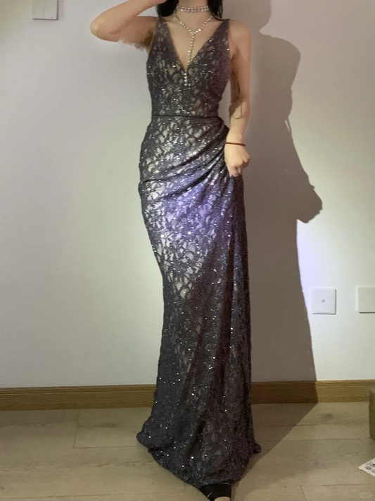Impresionante vestido largo de fiesta, de sirena, con escote en V, satén, encaje y lentejuelas, GG2601
