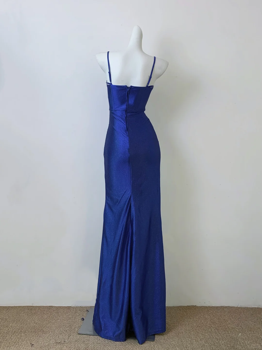 Vestido largo de fiesta, de sirena, con tirantes finos y abertura en satén azul rey, con lentejuelas, GG2602