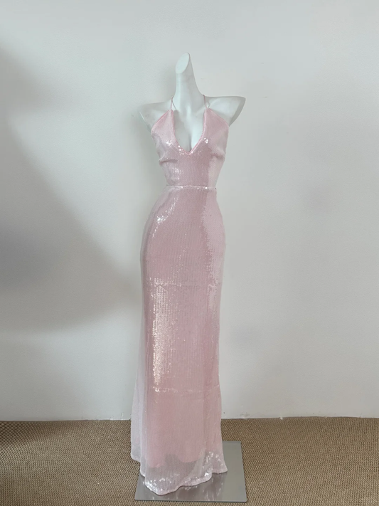 Vestido largo de tul con lentejuelas rosas y cuello halter de sirena brillante, vestido de fiesta, vestido de noche GG2603