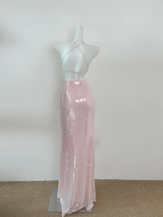 Vestido largo de tul con lentejuelas rosas y cuello halter de sirena brillante, vestido de fiesta, vestido de noche GG2603