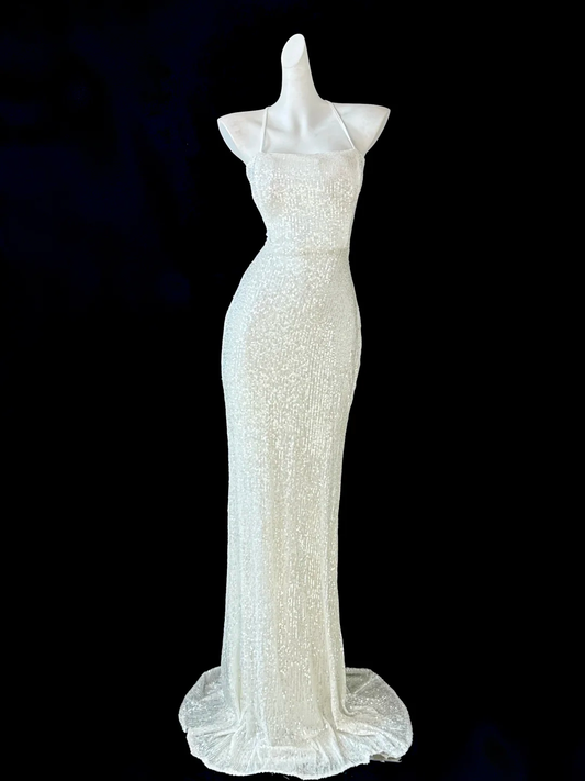 Vestido de fiesta largo con lentejuelas y cuello halter, corte sirena y brillo, GG2604
