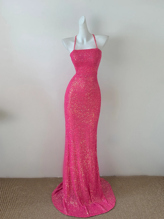 Vestido de fiesta largo con lentejuelas y cuello halter, corte sirena y brillo, GG2604