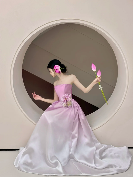 Vestido largo Grandient de satén sin tirantes, corte A, con flores, para fiesta de graduación o de noche GG2605