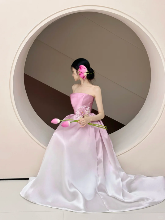 Vestido largo Grandient de satén sin tirantes, corte A, con flores, para fiesta de graduación o de noche GG2605