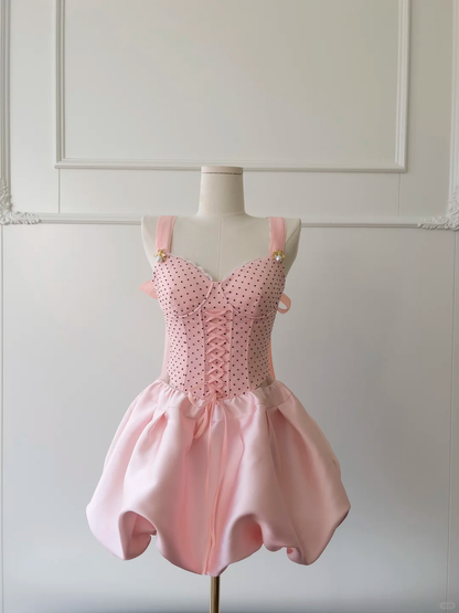 Vestido corto de satén rosa con lunares y tirantes finos, corte A, para fiesta de graduación, de cumpleaños, GG2617