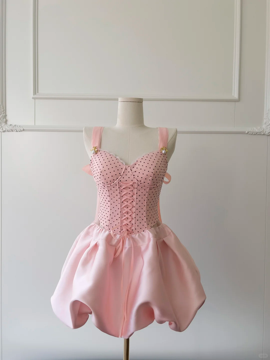 Vestido corto de satén rosa con lunares y tirantes finos, corte A, para fiesta de graduación, de cumpleaños, GG2617