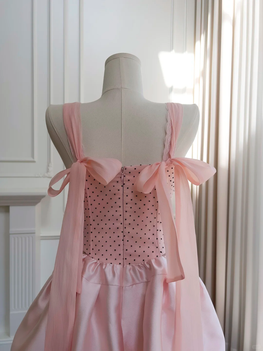 Vestido corto de satén rosa con lunares y tirantes finos, corte A, para fiesta de graduación, de cumpleaños, GG2617