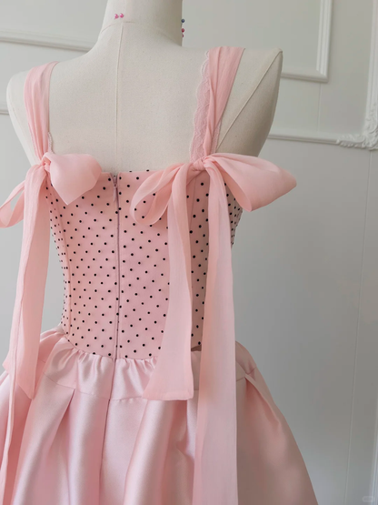 Vestido corto de satén rosa con lunares y tirantes finos, corte A, para fiesta de graduación, de cumpleaños, GG2617