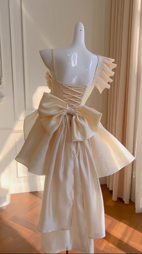 Vestido corto de fiesta, de satén, con tirantes finos, corte A y lazo, para regreso a casa y cumpleaños, GG2618