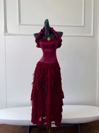 Elegante vestido de fiesta largo de sirena con cuello halter y encaje de satén burdeos, vestido de fiesta, vestido de noche GG2619