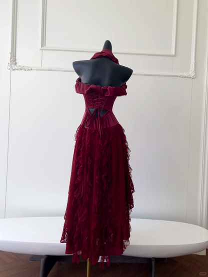 Elegante vestido de fiesta largo de sirena con cuello halter y encaje de satén burdeos, vestido de fiesta, vestido de noche GG2619