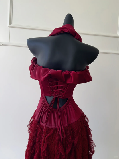 Elegante vestido de fiesta largo de sirena con cuello halter y encaje de satén burdeos, vestido de fiesta, vestido de noche GG2619