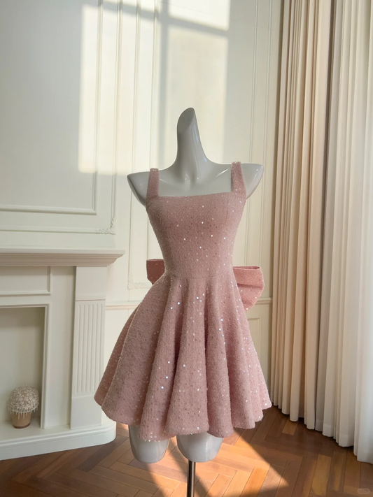Vestido corto de fiesta, de satén rosa, con tirantes finos, espalda de lentejuelas y lazo, corte A, para regreso a casa y cumpleaños, GG2621