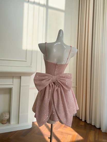 Vestido corto de fiesta, de satén rosa, con tirantes finos, espalda de lentejuelas y lazo, corte A, para regreso a casa y cumpleaños, GG2621