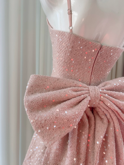Vestido corto de fiesta, de satén rosa, con tirantes finos, espalda de lentejuelas y lazo, corte A, para regreso a casa y cumpleaños, GG2621