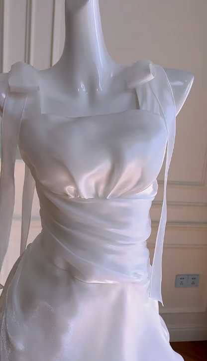 Vestido de fiesta corto de satén de seda blanco, corte A, cuadrado, para regreso a casa y cumpleaños, GG2623