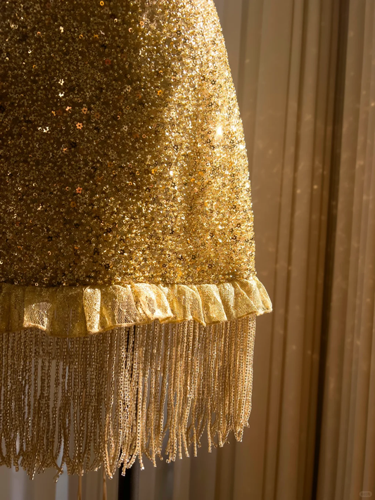 Vestido de fiesta corto con lentejuelas doradas, corte A, tirantes finos y purpurina, para regreso a casa y cumpleaños GG2624