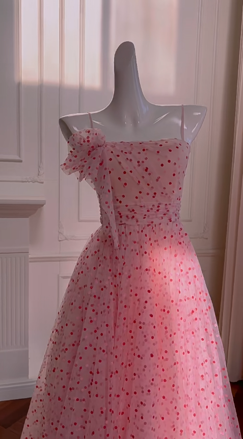 Precioso vestido largo de gasa con lunares y tirantes finos, corte A, para fiesta de graduación o de noche, GG2625