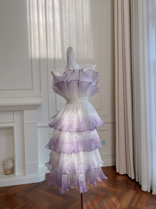Impresionante vestido de fiesta corto de gasa con degradado y tirantes finos, corte A, para regreso a casa y cumpleaños GG2627