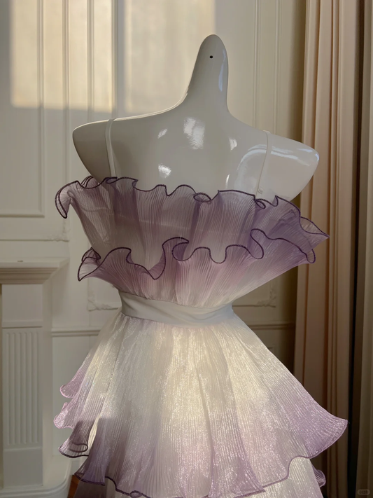 Impresionante vestido de fiesta corto de gasa con degradado y tirantes finos, corte A, para regreso a casa y cumpleaños GG2627