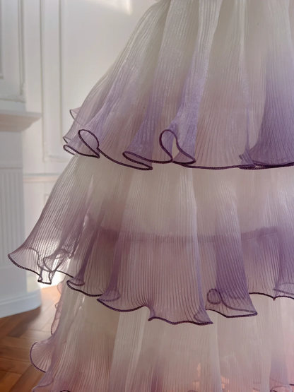 Impresionante vestido de fiesta corto de gasa con degradado y tirantes finos, corte A, para regreso a casa y cumpleaños GG2627