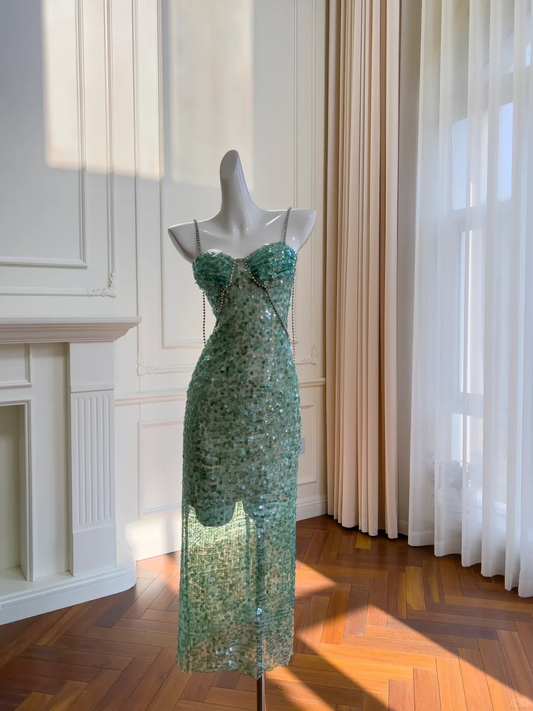 Hermoso vestido largo de fiesta, de noche, con lentejuelas y tirantes finos, corte A, GG2632