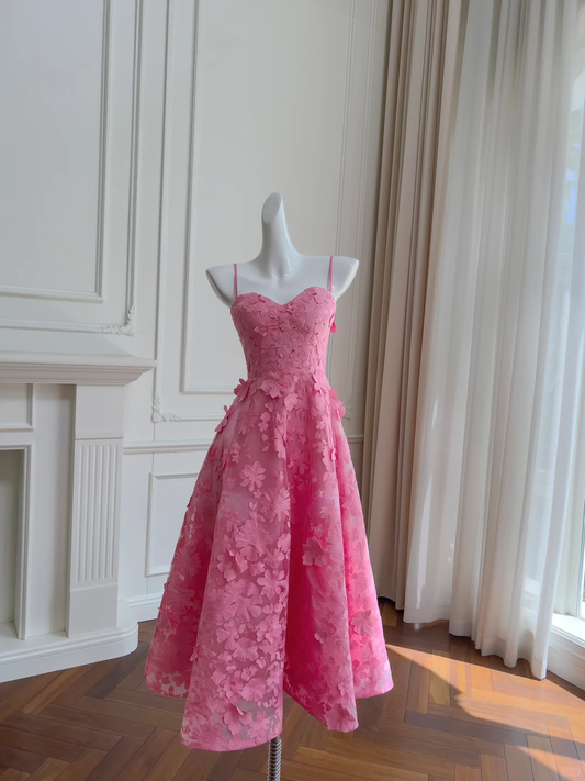 Vestido largo de fiesta, de noche y de graduación, corte A, con tirantes finos y apliques de tul rosa intenso, GG2637