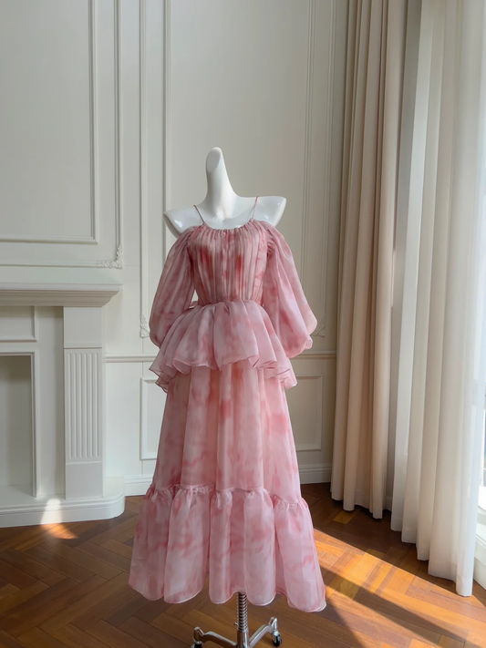 Vestido largo de fiesta, de noche y de graduación con cuello halter y estampado de gasa, corte A, GG2638