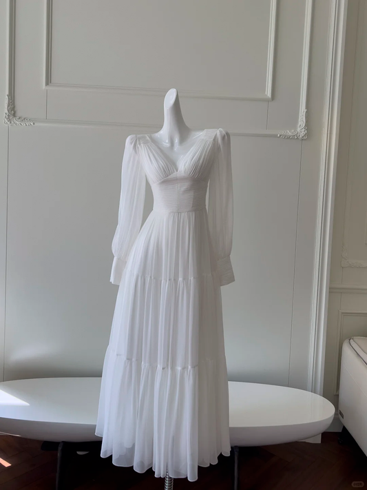 Vestido largo de gasa blanca con escote en V y corte en A, para fiesta de graduación o de noche, GG2641