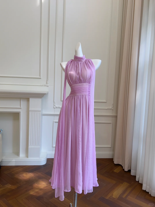 Vestido elegante de fiesta, de gasa, largo, corte A, con cuello halter, para graduación, noche, GG2643