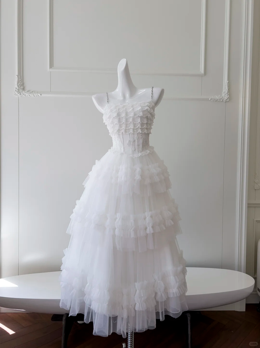 Hermoso vestido largo de tul blanco con tirantes finos y corte en A, para fiesta de graduación o de noche (GG2644)