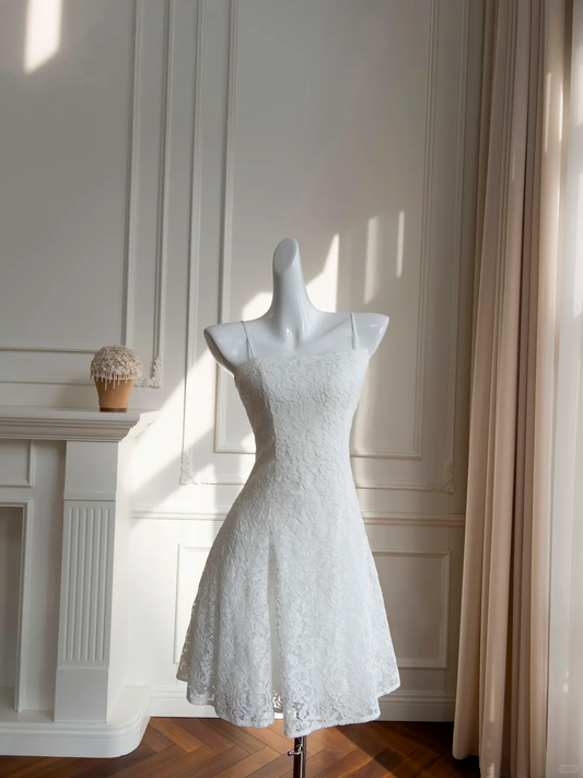 Vestido corto de encaje blanco con tirantes finos, corte A, para fiesta de bienvenida y cumpleaños, GG2645