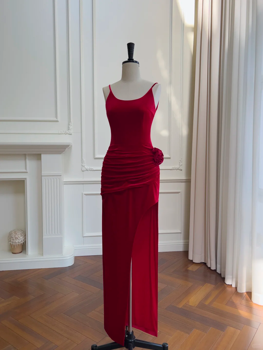 Vestido de fiesta largo de satén rojo con tirantes finos y corte sirena, sexy, para graduación, noche, GG2646
