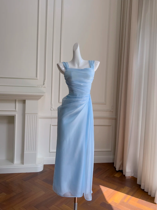 Elegante vestido de fiesta largo plisado de gasa azul con corte sirena y corte cuadrado, vestido de fiesta y vestido de noche GG2649