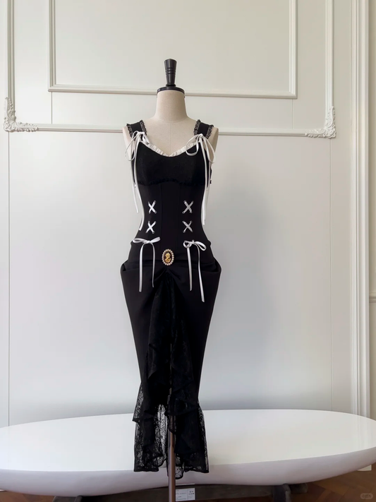 Vestido de fiesta largo de satén negro con corte sirena y encaje, elegante, para graduación, noche, GG2652