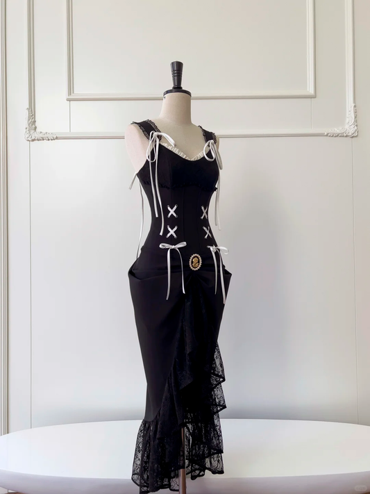 Vestido de fiesta largo de satén negro con corte sirena y encaje, elegante, para graduación, noche, GG2652