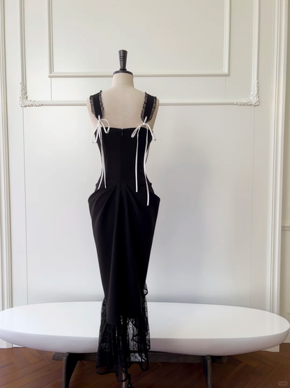 Vestido de fiesta largo de satén negro con corte sirena y encaje, elegante, para graduación, noche, GG2652