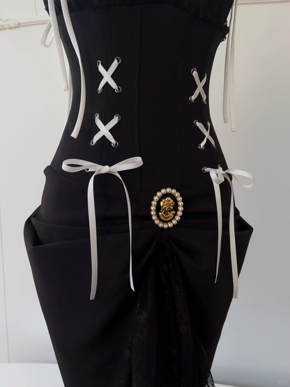 Vestido de fiesta largo de satén negro con corte sirena y encaje, elegante, para graduación, noche, GG2652