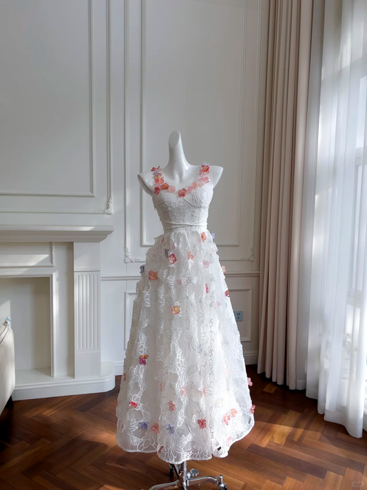 Hermoso vestido de fiesta largo de encaje blanco con corte en A y apliques, vestido de noche GG2655
