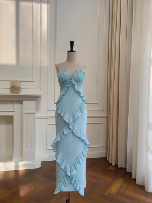 Vestido largo de sirena con tirantes finos y volantes de satén azul, elegante, para fiesta de graduación o de noche (GG2656)