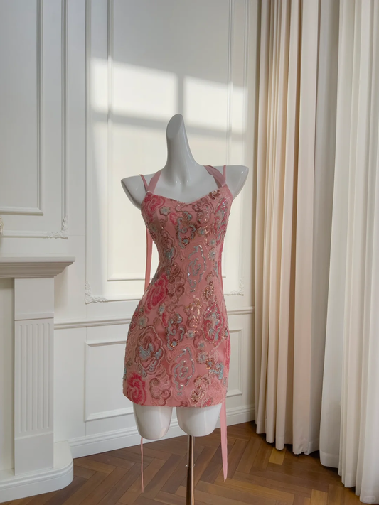Hermoso vestido de fiesta corto de satén color melocotón con lentejuelas y escote halter de sirena, vestido de bienvenida y vestido de cumpleaños GG2657