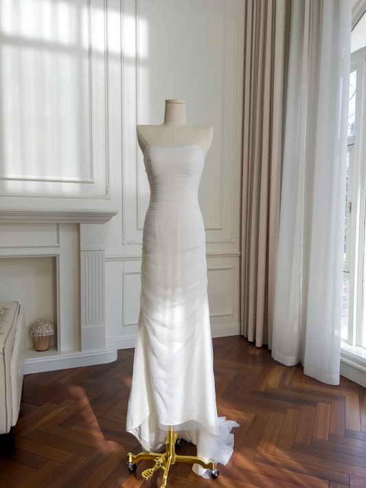 Elegante vestido de fiesta de sirena, largo, de satén blanco, sin tirantes, de gasa, para graduación, noche, GG2658