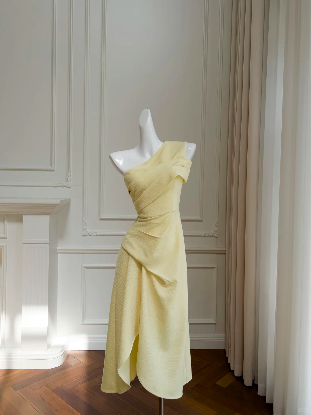 Vestido de fiesta vintage de sirena, de satén amarillo pastel, largo, plisado, de un solo hombro, para graduación, noche, GG2661