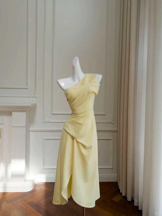 Vestido de fiesta vintage de sirena, de satén amarillo pastel, largo, plisado, de un solo hombro, para graduación, noche, GG2661