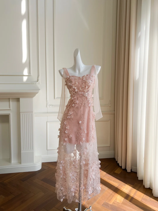 Vestido largo de fiesta, de noche y satén rosa con tirantes finos, corte A, GG2662