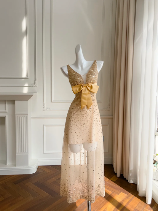 Vestido largo de fiesta, de noche, con escote en V, satén champán, tul y lentejuelas, corte en A y brillo, GG2664