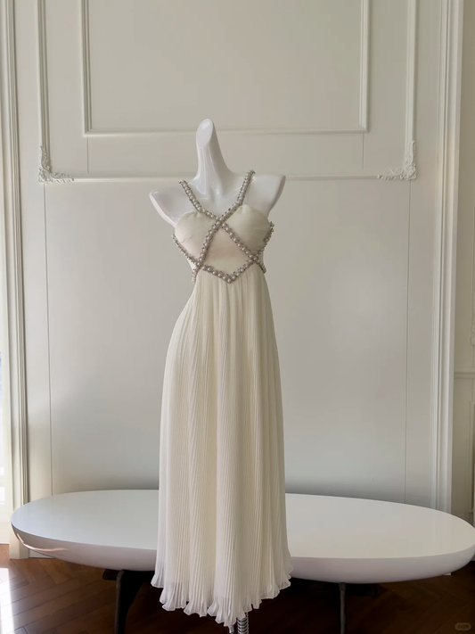 Hermoso vestido largo de gasa con tirantes finos y cuentas, corte en A, para fiesta de graduación o de noche, GG2665