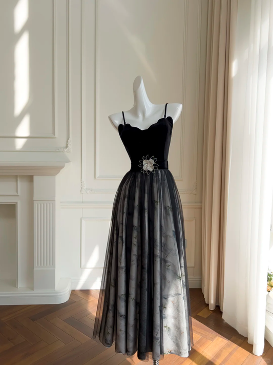 Vestido largo vintage de tul satinado y terciopelo negro con tirantes finos, corte A, para fiesta y noche (GG2666)